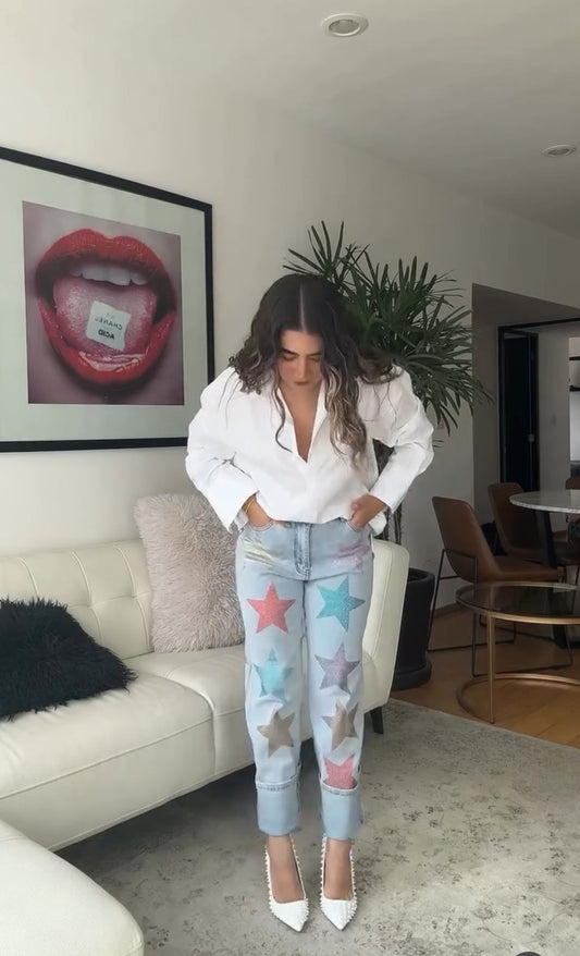 Jeans Wide Leg con Estrellas Glitter