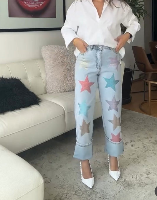 Jeans Wide Leg con Estrellas Glitter